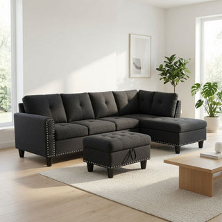 L - Shaped 3 Piece Sectional Sofa With Chaise, Storage Ottoman & Cup Holders