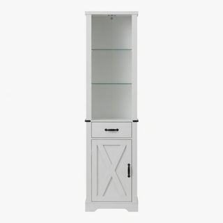 Pantry Cabinet With LED Lights And Barn Door With Tempered Glass Shelves - White