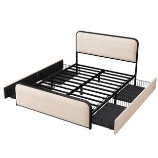 Modern Bed With Curved Upholstered Headboard And Footboard, Heavy Duty Metal Slats
