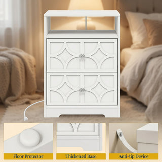Nightstand With Diamond Carvings Handles, 2 Drawers & Charging Station