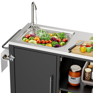 Outdoor Grill Cart With 304 Stainless Steel Sink And Cabinet - Black / Silver