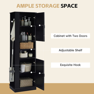 Tall Freestanding Bathroom Storage Cabinet With Adjustable Shelves And Side Hooks Board, Rectangle Design
