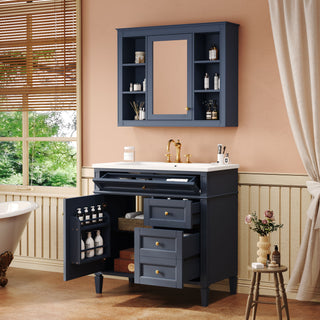 Bathroom Vanity With Top Sink, Storage Cabinet With Mirror, 2 Doors, 3 Drawers, 6 Open Shelves