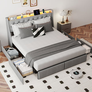 Platform Bed Frame With RGB LED Lights, Charging Station, Storage Headboard & 4 Underbed Drawers