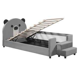 Upholstered Daybed With Bear Shaped Headboard, Hydraulic System And Breathable Fence