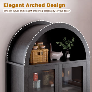 Fluted Tall Arched Pantry Cabinet With Adjustable Shelves, Glass Door & Hidden Drawer For Kitchen
