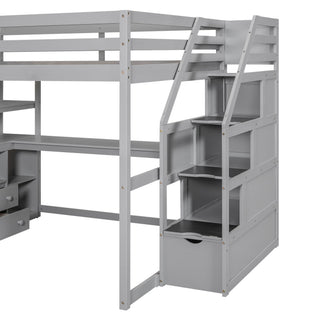 Loft Bed With Desk, Shelves, 2 Drawers, Storage Staircase