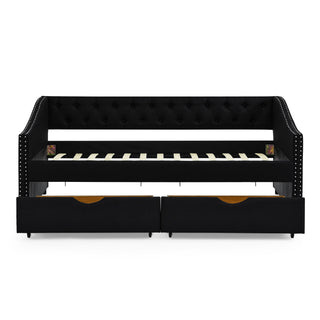Upholstered Tufted Daybed With 2 Drawers, Waved Arms