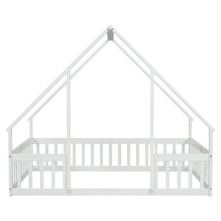 Wood House-Shaped Floor Bed With Fence, Guardrails