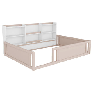 Platform Floor Bed With Guardrail Fence And Side Storage Shelves