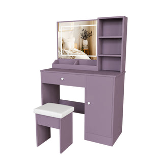 Vanity Desk Set With Padded Stool & Adjustable LED Mirror, 3 Color Mode Lighting, Compact For Bedroom - Purple