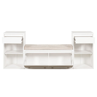 Entryway Storage Bench With Cushion, Drawers & Open Shelves