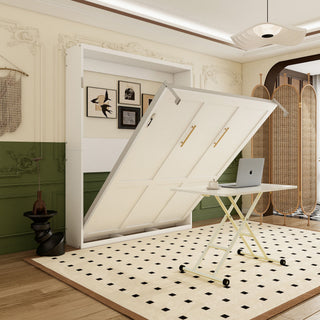 Queen Size Wall Mounted Murphy Bed With Manual Height Adjustable Desk, Cabinet & Frame & Computer Desk - White