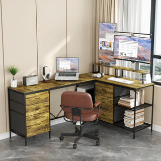 Industrial L Shaped Computer Desk With Power Outlets & USB-C, 6 Fabric Drawers, 3 Open Shelves, Movable Monitor Stands - Brown