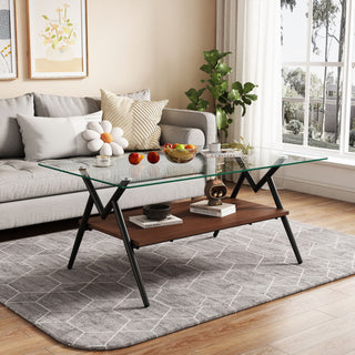Rectangle Coffee Table With Tempered Glass Top And Shelf