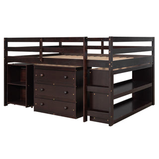Loft Low Study Bed With Cabinet, Shelves And Rolling Portable Desk, Multiple Functions