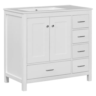 Bathroom Vanity With Ceramic Sink Combo, Abundant Storage Cabinet 2 Soft Close Doors And 5 Drawers