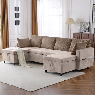 Sectional Sofa Bed With Pull Out Sleeper, USB Ports, Cup Holders