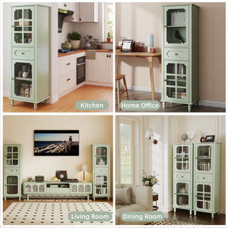 Curio Cabinet, Freestanding Vintage Display Storage Cabinet, Adjustable Shelves - Green