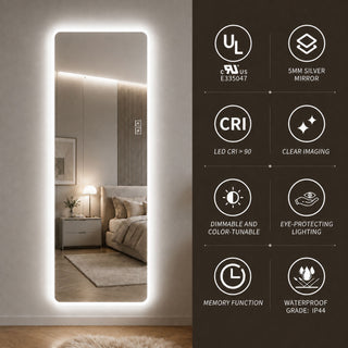 LED Full Length Mirror With Frosted Edge Lighting, 3 Color Temperatures