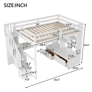 Full Size Loft Bed With Desk And Shelves, 2 Built In Drawers, Storage Staircase - White