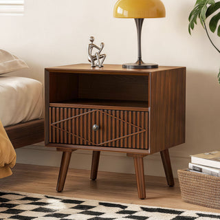 Nightstand With Carved Geometric Drawer Front, 1 Drawer And Open Shelf, Bedside Table For Bedroom - Walnut