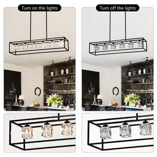 6 Light Farmhouse Chandelier, Modern Industrial Linear Rectangular Crystal Pendant Light Cage Chandelier For Dining Room, Kitchen Island, Bar, Long Table, G9*6 Bulbs Included - Matte Black