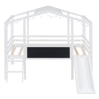 Loft House Bed With Ladder And Slide, With board And Light Strip On The Roof
