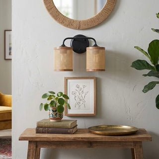 Quell - Double Light Vanity With Natural Shade Wall Lamp - Black / Rattan