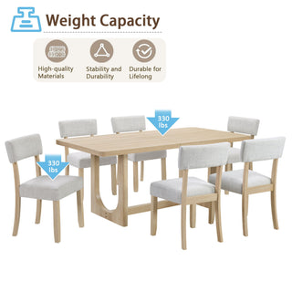 7 Piece Dining Table Set For 6, Rectangular Table & 6 Upholstered Chairs, Sturdy U - Shaped Base For Dining Room - Light Oak