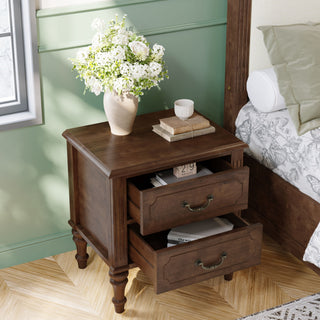 Fluted Nightstand With 2 Drawers, Bedside Table - Walnut