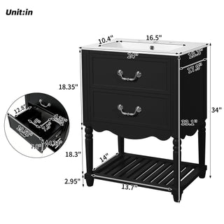 Wave Design Bathroom Vanity With Sink, 2 Drawers And Open Shelf