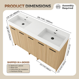 Double Sink Bathroom Vanity With Extra Large Storage, Integrated Sink, Freestanding Cabinet, Soft Close Doors - Glossy White / Light Oak