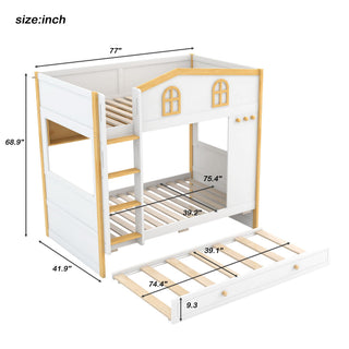 Bunk Bed With House Shaped Guardrails, Storage Shelves, And Trundle