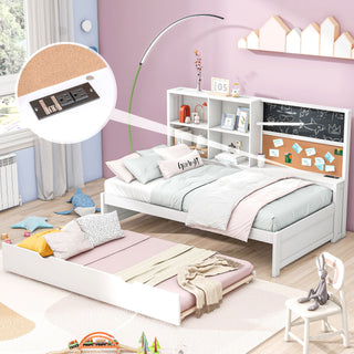 Twin Size Daybed With Storage Shelvesboard, Cork Board, USB Ports And Trundle - White