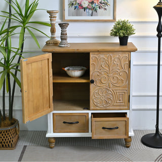 Accent Flower Carved Door Sideboard Cabinet With 2 Drawers For Kitchen - Natural Wood Wash / White
