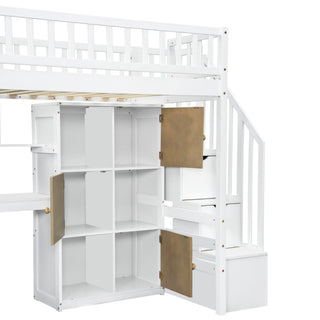 Loft Bed With Built In L Shaped Desk, LED Lights, Storage Shelves, Cabinets, And Staircase