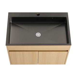 28" Wall Mounted Bathroom Vanity With Stainless Steel Sink, Soft Close Doors - Oak