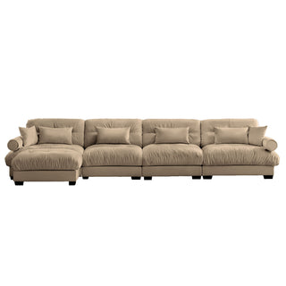 Modern Sectional Sofa With Ottoman, Round Bolster Armrests, Waist And Throw Pillows
