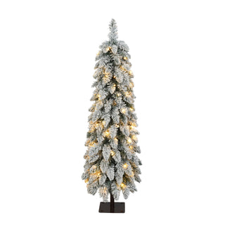 Slim Snow Flocked Pre Lit Pencil Christmas Tree, 3.9Ft / 5.9Ft / 7.9Ft With 750 Branch Tips, 480 LED Lights, Warm Glow, For Indoor Holiday Decor - White