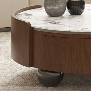 Round Coffee Table With Ball Feet, Dual Storage Drawers For Living Room - Walnut Brown