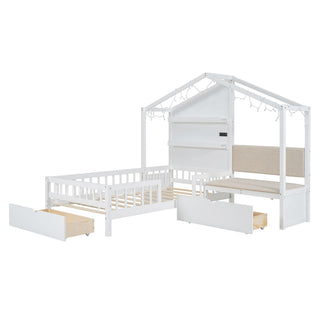 House Bed With Upholstered Sofa, Wireless Charging Station, Shelves And 2 Drawers