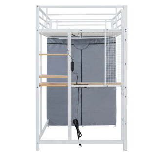 Loft Bed With Desk, Shelves, Power Outlet, LED Light And Wardrobe