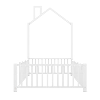 Metal House Platform Bed With Guardrail And Chimney