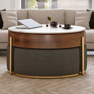 Lift Top Round Coffee Table With Hidden Storage, 3 Upholstered Nesting Ottomans - Brown / Gray / Golden / White