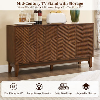 TV Stand & Carved Geometric Doors, Storage Cabinet For Living Room - Walnut