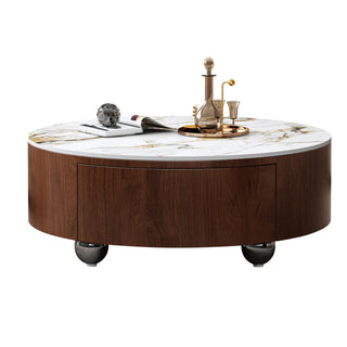 Round Coffee Table With 2 Drawers For Living Room - Walnut Brown / White / Multi