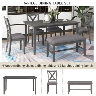 6 Piece Rectangular Dining Table Set With 4 Chairs And Bench