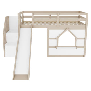Loft Bed With Storage Stairs, Slide, Playhouse Window And 7 Colors LED Lights
