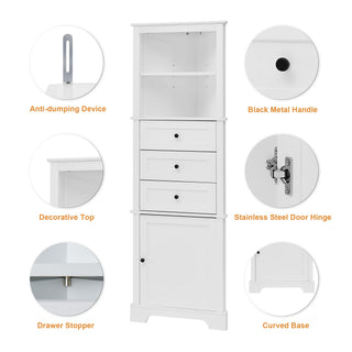 Tall Storage Cabinet With 3 Drawers And Adjustable Shelves For Bathroom
